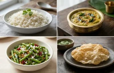 Boiled Rice with Moong Dal Koddel, Beans Upkari and Appalam