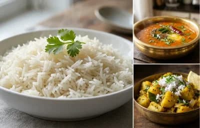 Boiled Rice with Tomato Saaru and Batate Sukkha