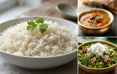 Boiled Rice with Tomato Saru and Beans Poriyal