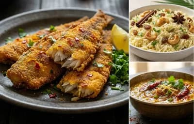 Bombil Rava Fry with Goan Coconut Rice and Dal Tadka