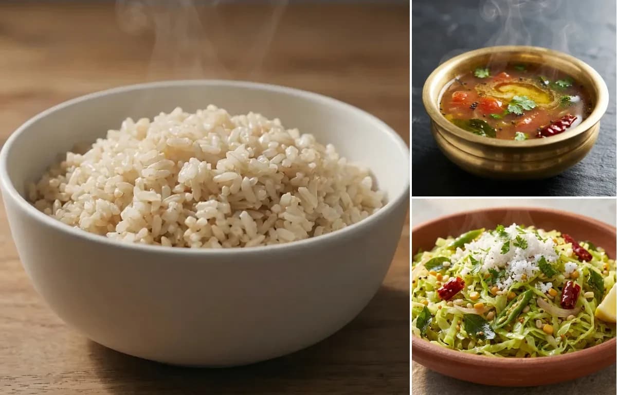 Brown Rice, Rasam and Cabbage Palya