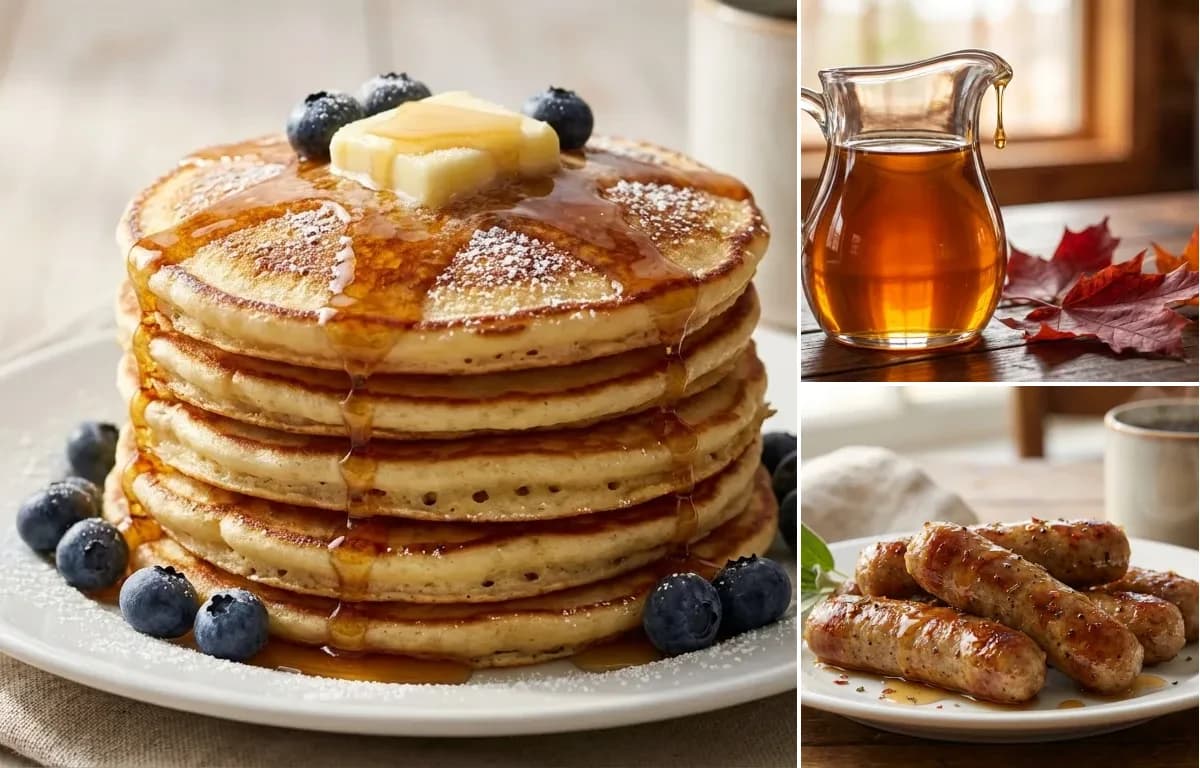 Buttermilk Pancakes, Maple Syrup and Breakfast Sausage Links