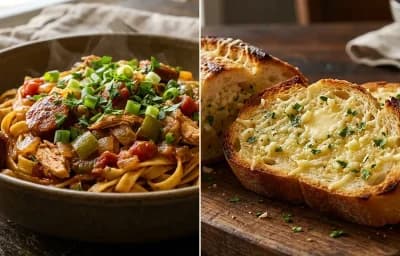 Cajun Pastalaya with Garlic Bread
