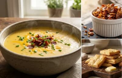 Cheesy Potato Soup with Bacon Bits and Buttery Crackers