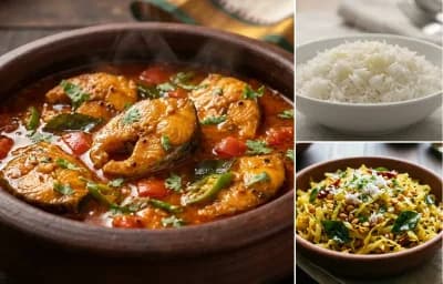 Chepala Pulusu with Steamed Basmati Rice and Cabbage Fry