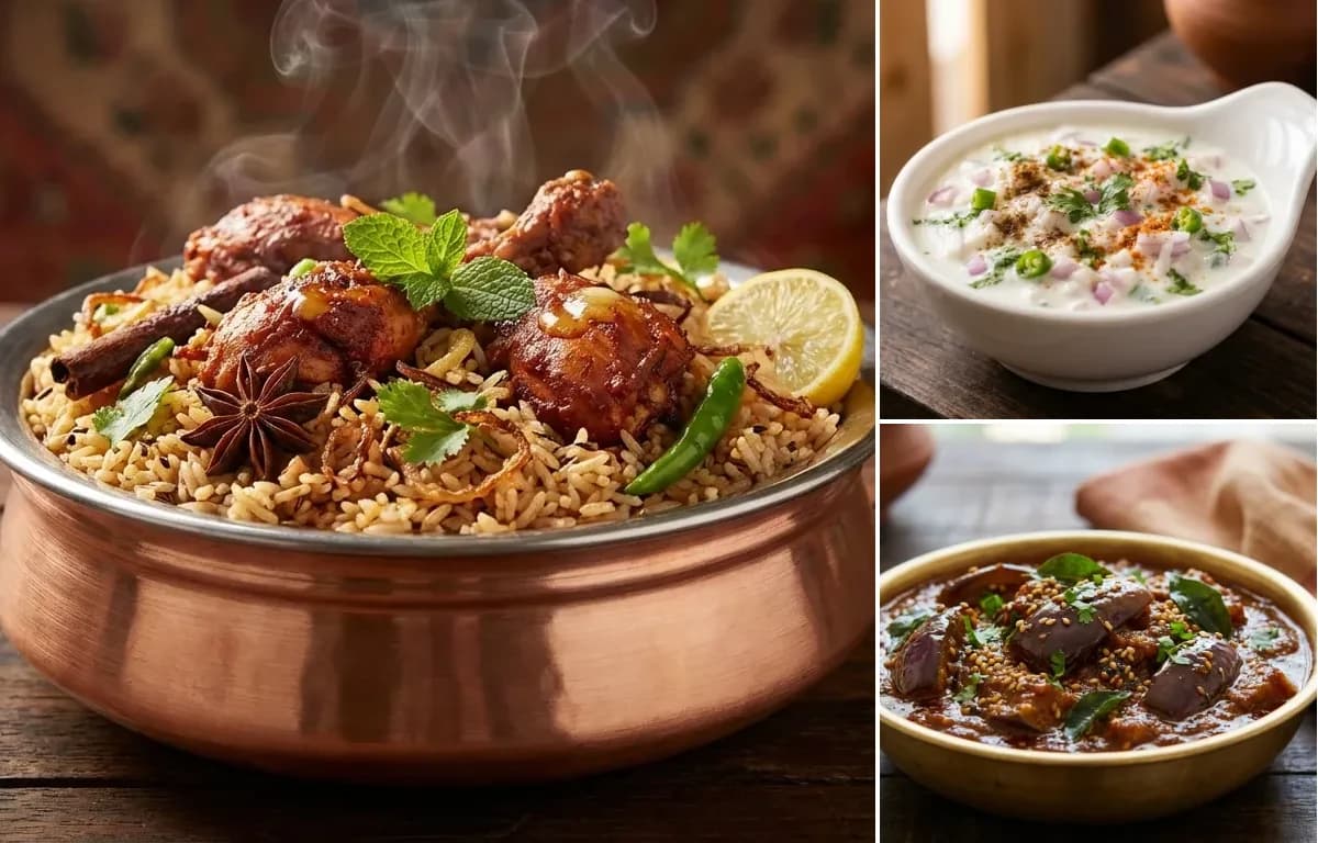 Chettinad Chicken Biryani, Onion Raita and Brinjal Gravy