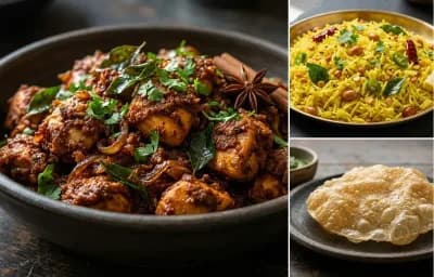 Chettinad Chicken Varuval with Lemon Rice and Appalam