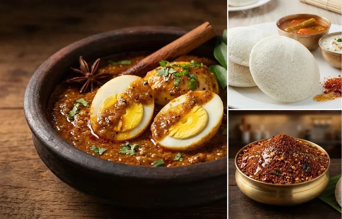 Chettinad Egg Gravy, Idli and Idli Podi