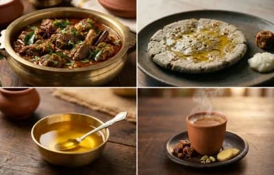 Chettinad Mutton Kaari with Bajra Rotlo, Ghee and Gud Chai