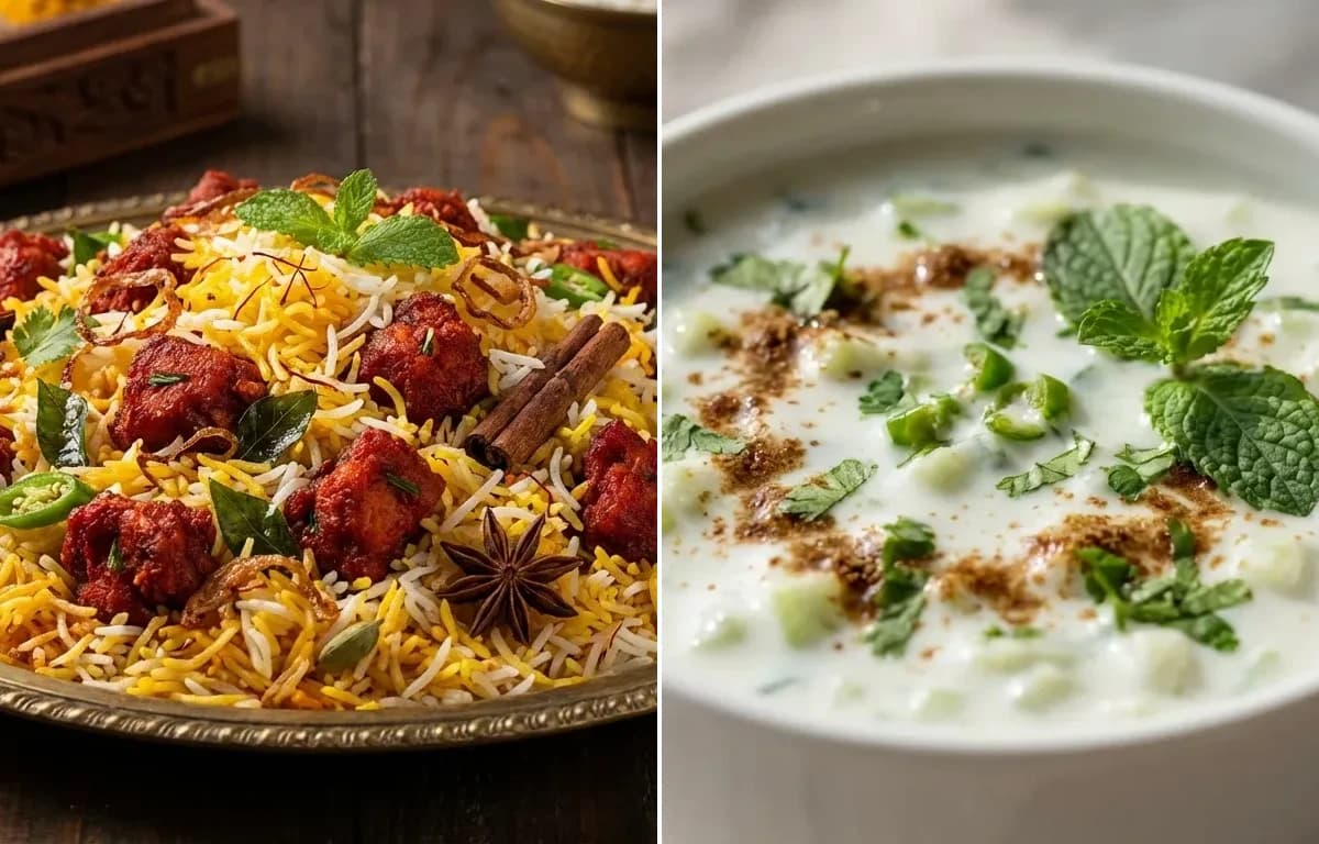 Chicken 65 Biryani with Cucumber Raita