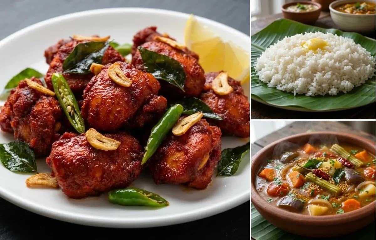 Chicken 65, Steamed Rice and Vegetable Sambar