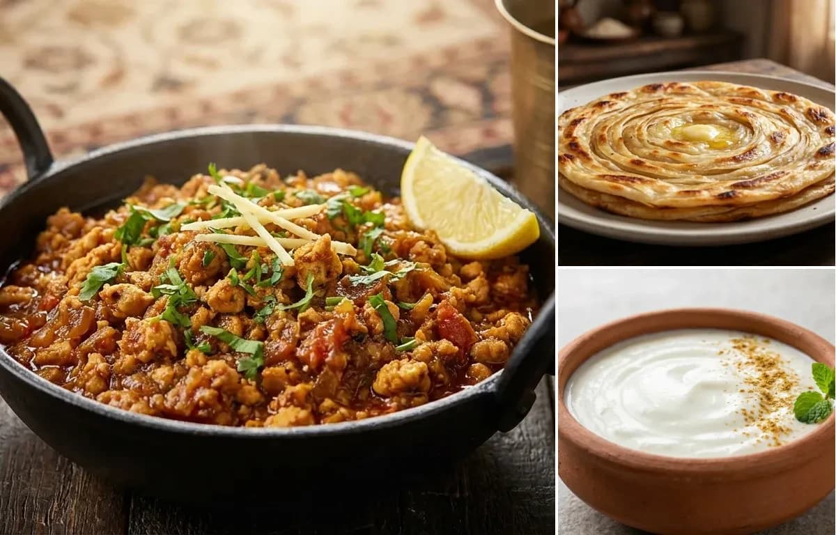 Chicken Bhurji, Lachha Paratha and Dahi