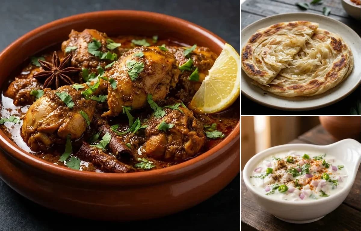 Chicken Chettinad, Parotta and Onion Raita