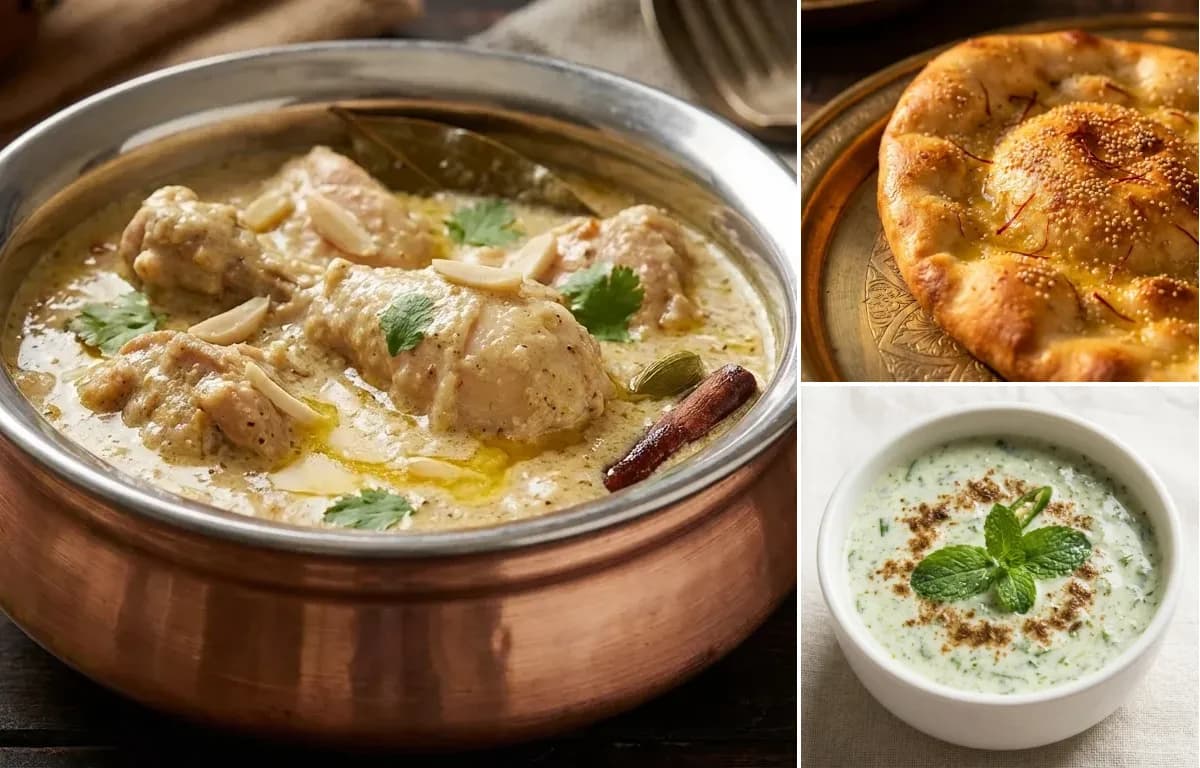 Chicken Korma, Taftan and Mint Raita