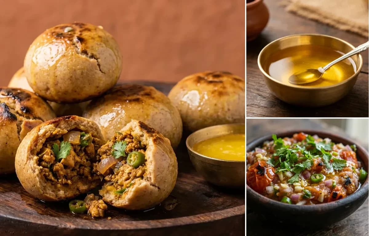 Chicken Litti, Ghee and Tomato Chokha