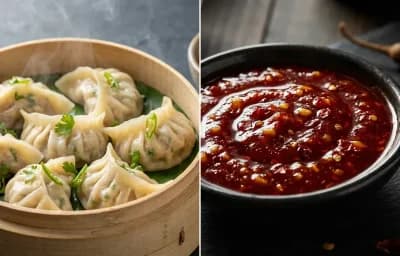 Chicken Momos with Schezwan Sauce