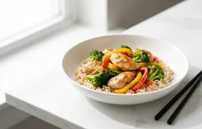 Chicken Stir Fry with Vegetables over Steamed White Rice