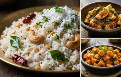 Coconut Rice with Muttai Varuval and Potato Kara Kari