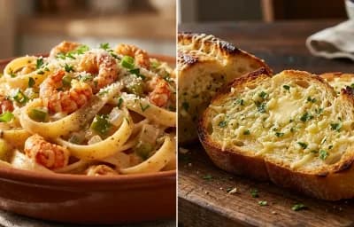 Crawfish Fettuccine Alfredo with Garlic Bread