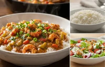 Crawfish Étouffée with Steamed Basmati Rice and Side Salad
