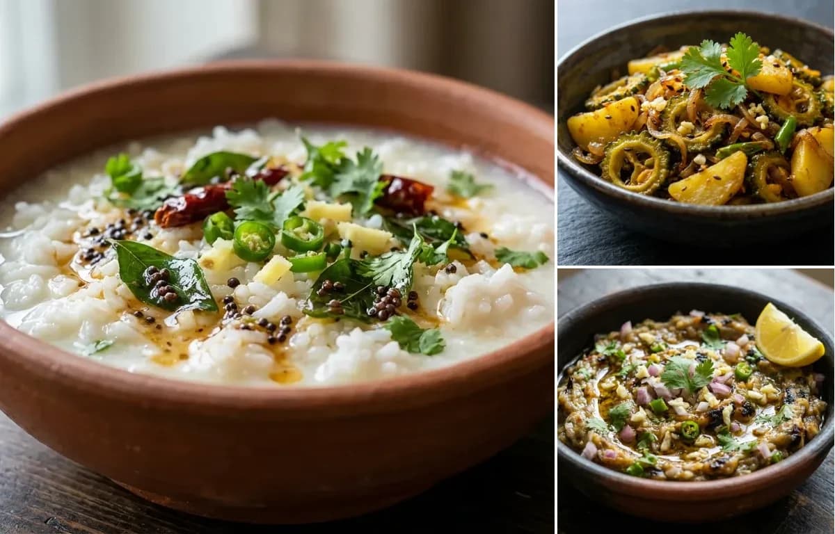 Dahi Pakhala, Kalara Bhaja and Baigana Poda