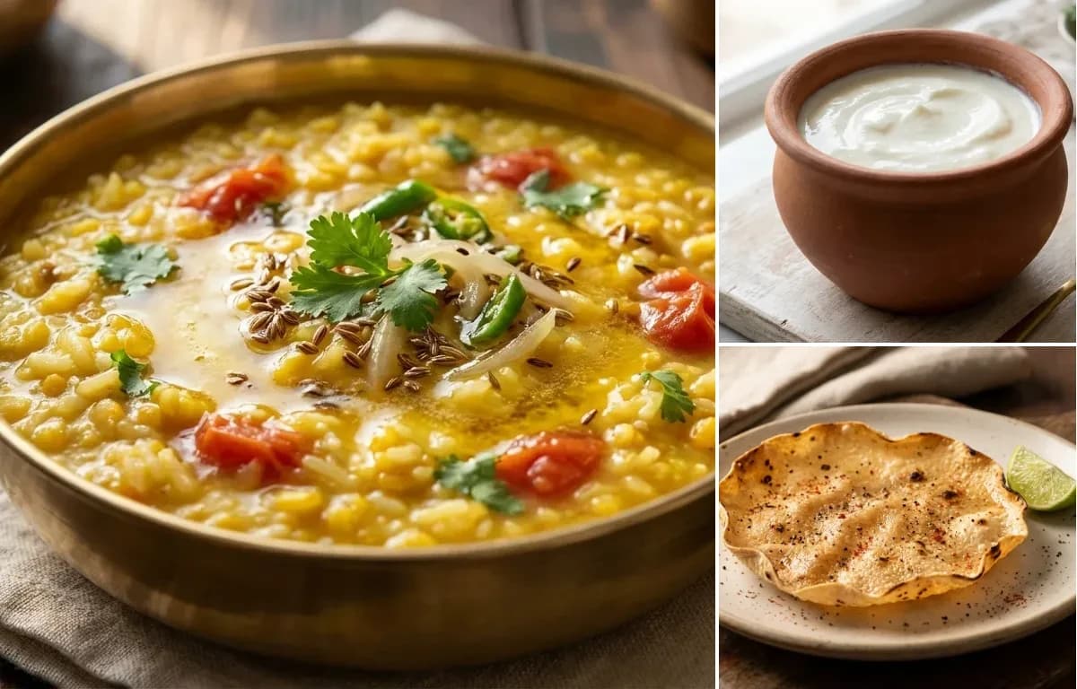 Dal Khichdi, Curd and Roasted Papad