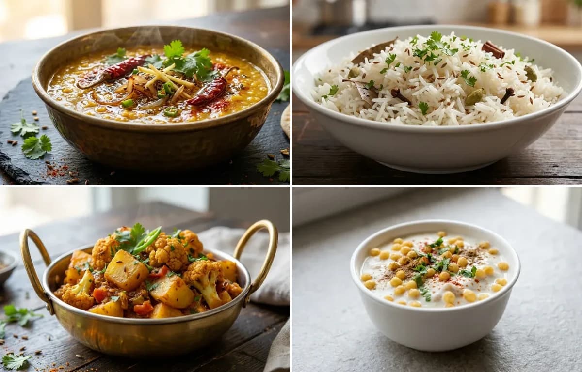 Dal Tadka, Jeera Rice, Aloo Gobi and Boondi Raita