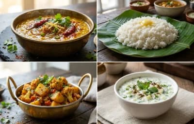 Dal Tadka, Steamed Rice, Aloo Gobi and Cucumber Raita