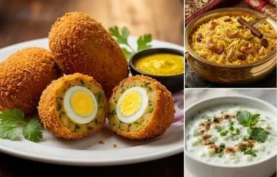 Dimer Devil with Zaafrani Pulao and Cucumber Raita