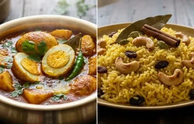Dimer Kalia with Basanti Pulao