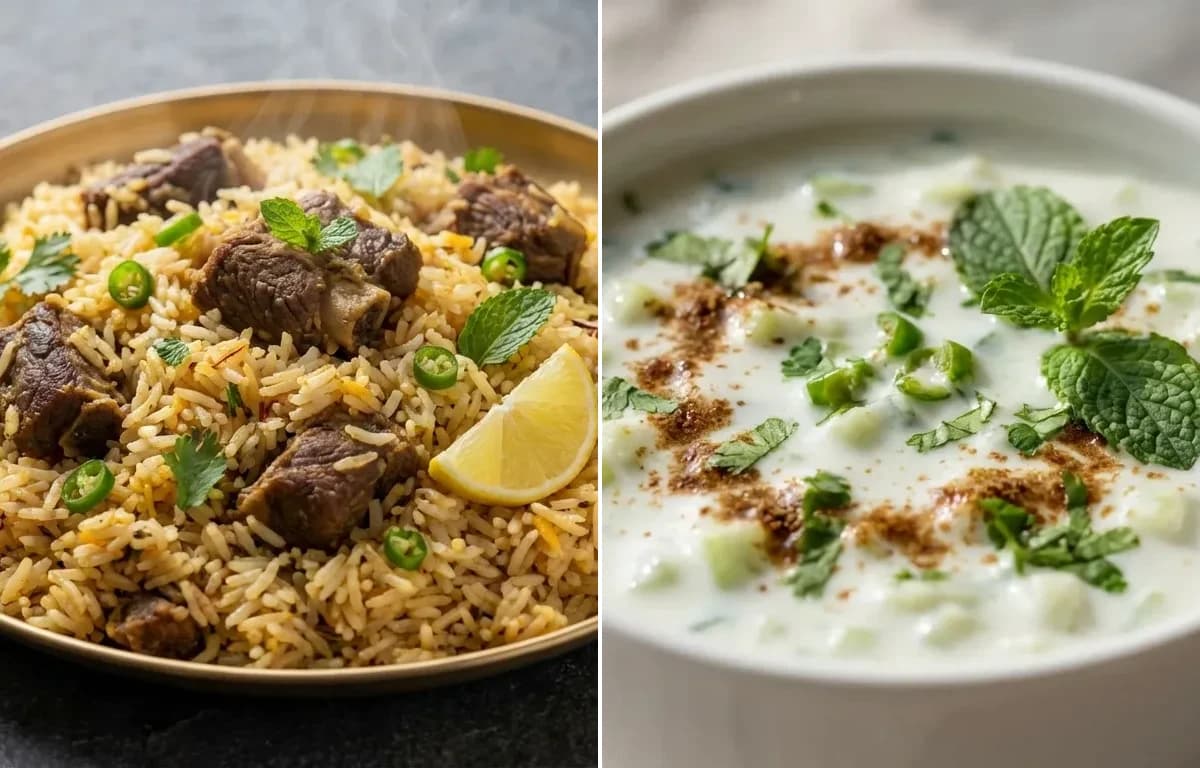 Dindigul Mutton Biryani with Cucumber Raita
