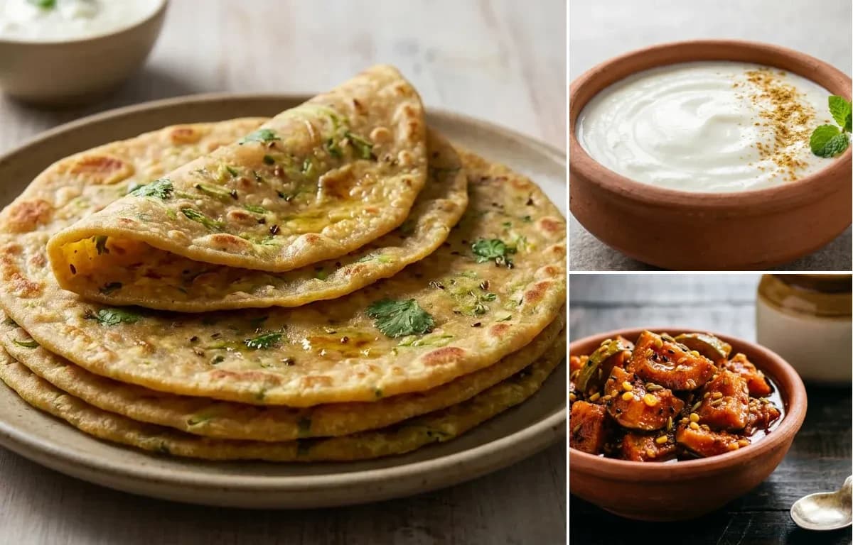 Doodhi Thepla, Dahi and Mango Pickle