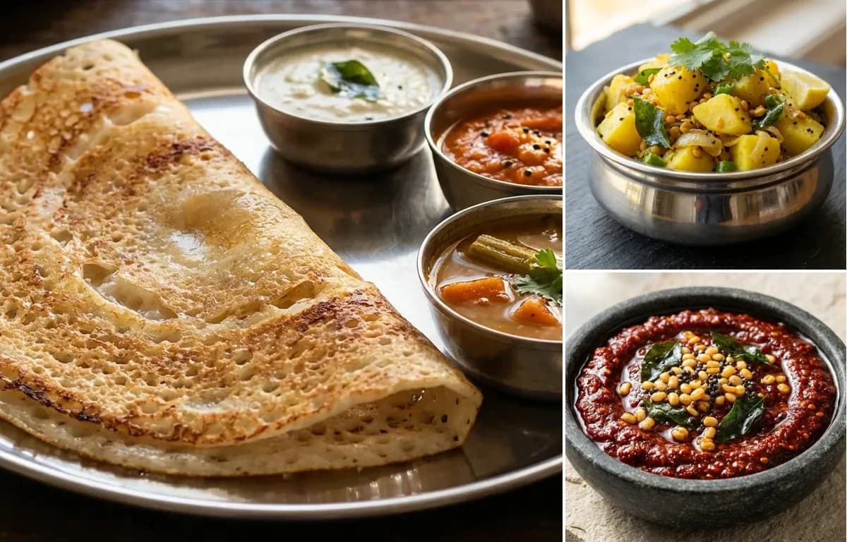 Dosa, Potato Palya and Red Chutney