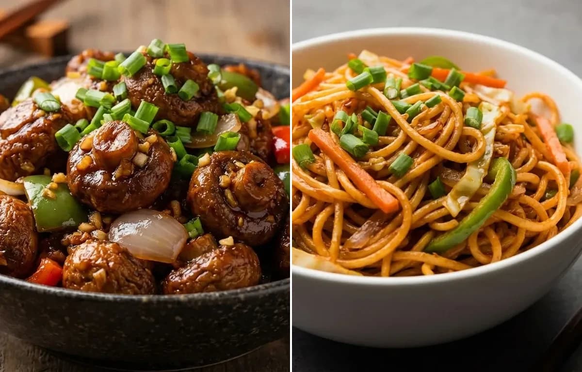 Dry Mushroom Manchurian with Schezwan Noodles