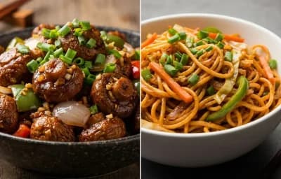 Dry Mushroom Manchurian with Schezwan Noodles