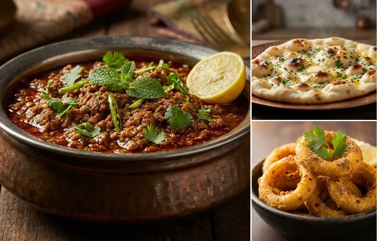 Dum ka Keema, Butter Naan and Indian Onion Rings