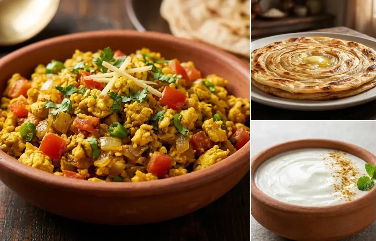 Egg Bhurji, Lachha Paratha and Dahi