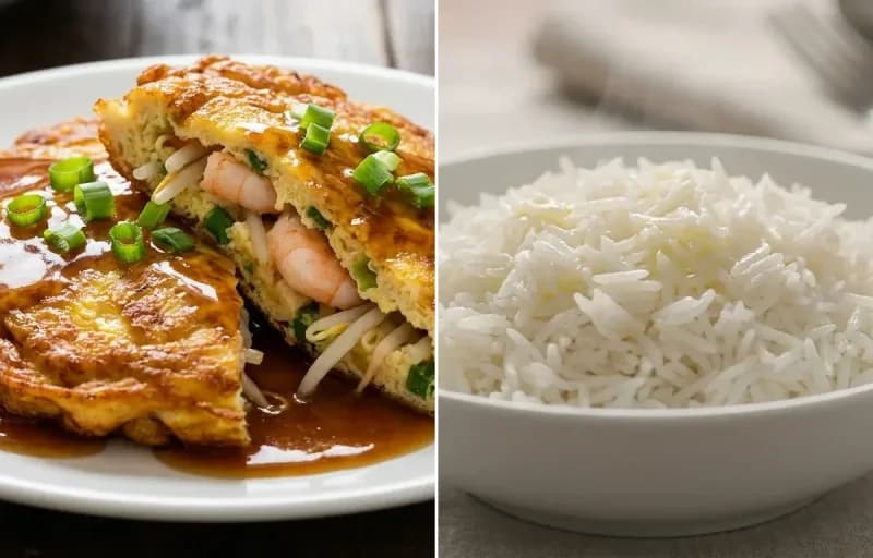 Egg Foo Young with Gravy with Steamed Basmati Rice