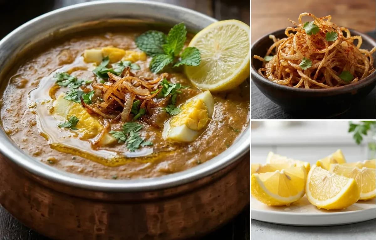 Egg Haleem, Fried Onions and Lemon Wedges