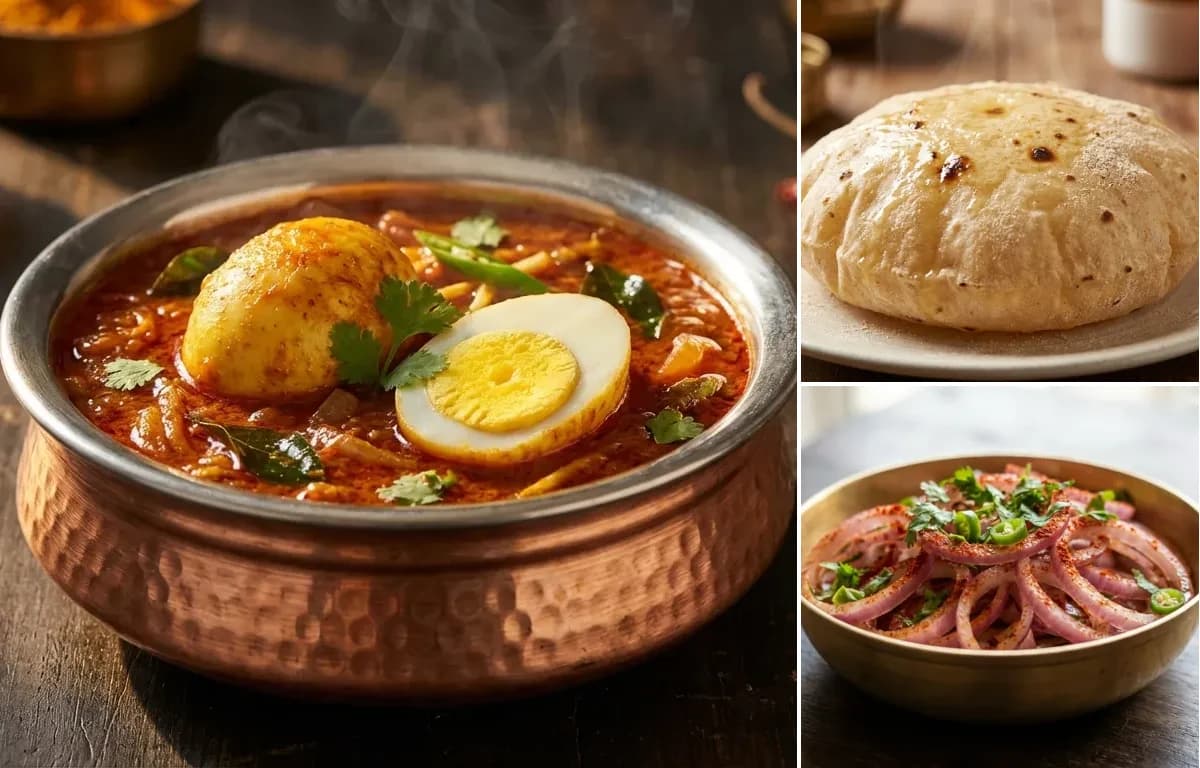 Egg Masala, Phulka and Onion Salad