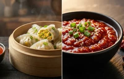 Egg Momos with Schezwan Dip