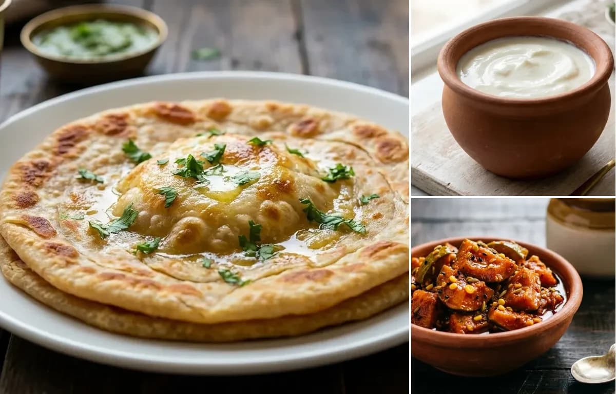 Egg Paratha, Curd and Mango Pickle