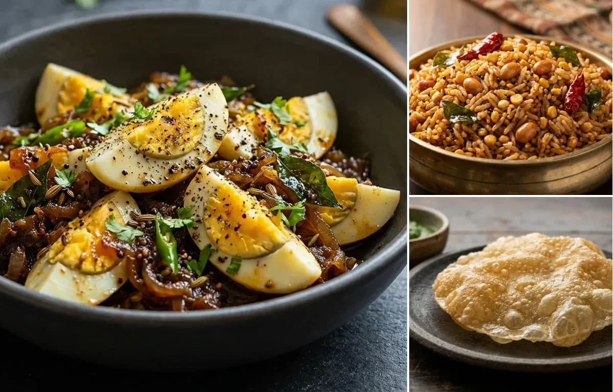 Egg Pepper Fry, Puliyodharai and Appalam