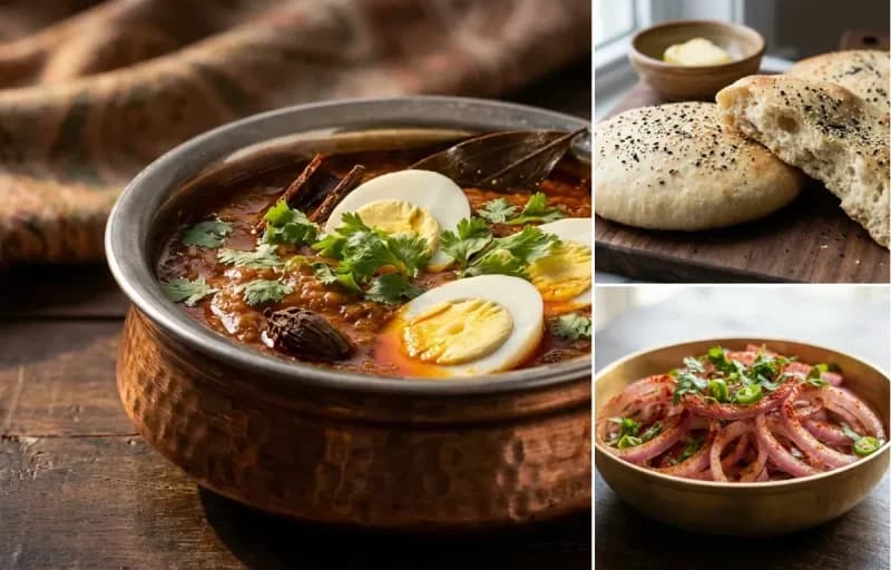 Egg Rogan Josh, Lavasa Bread and Onion Salad
