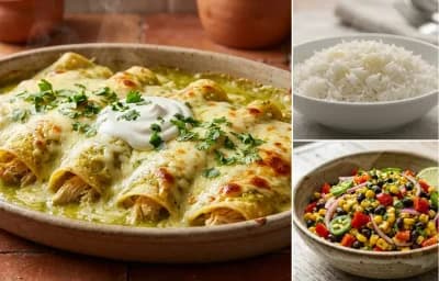 Enchiladas Suizas with Steamed Basmati Rice and Corn Salad