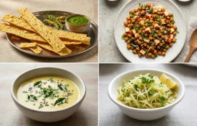 Fafda with Roasted Chana with Apple, Kadhi Chutney and Papaya Sambharo