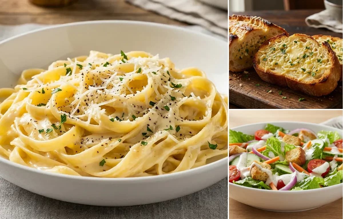 Fettuccine Alfredo, Garlic Bread and Side Salad