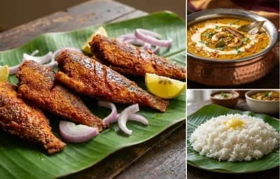 Fish fry, dal, rice, salad