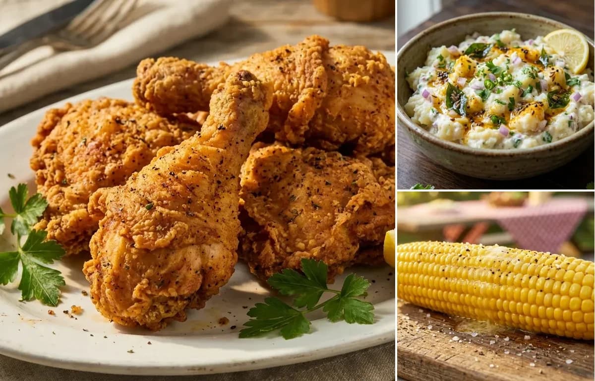 Fried Chicken, Potato Salad and Corn on the Cob