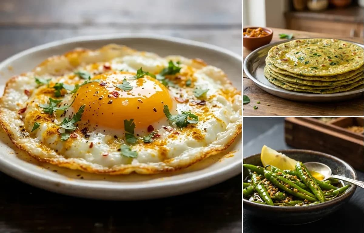 Fried Egg, Methi Thepla and Green Chili Pickle